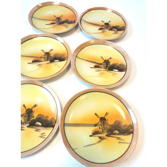 Set of 6- 1950s MADE IN JAPAN Lusterware Plates | Windmill Countryside Scenic - Picture 4 of 11